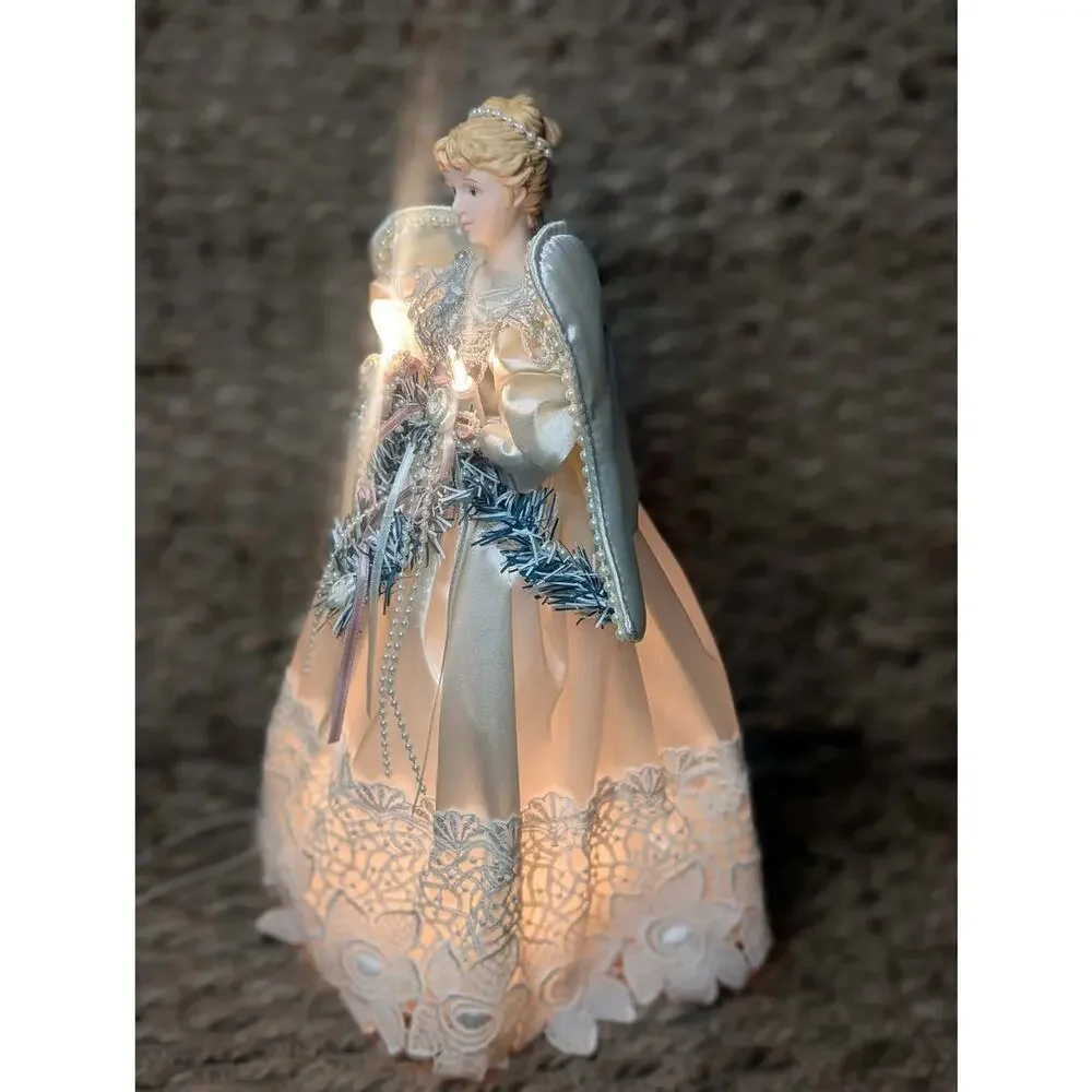 Vintage Traditions Lighted Angel Christmas Tree Topper Satin Gown Roses Beaded